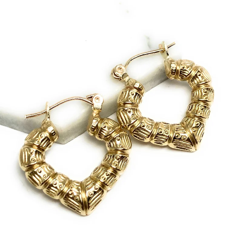 silver earrings for holiday celebrations -10k Solid Gold Yellow Bamboo Heart Hoop Earrings 0.5 INCH Arracadas