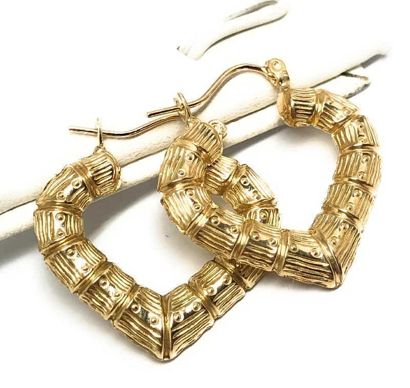 personalized earrings with rubies for weddings -10k Solid Gold Yellow Bamboo Heart Hoop Earrings 1 INCH Arracadas