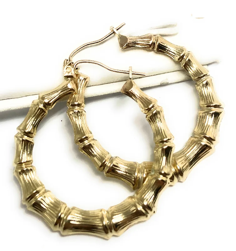 gold earrings with turquoise for brides -10k Solid Gold Yellow Bamboo Hoop Earrings 0.5-1.5 INCH Arracadas