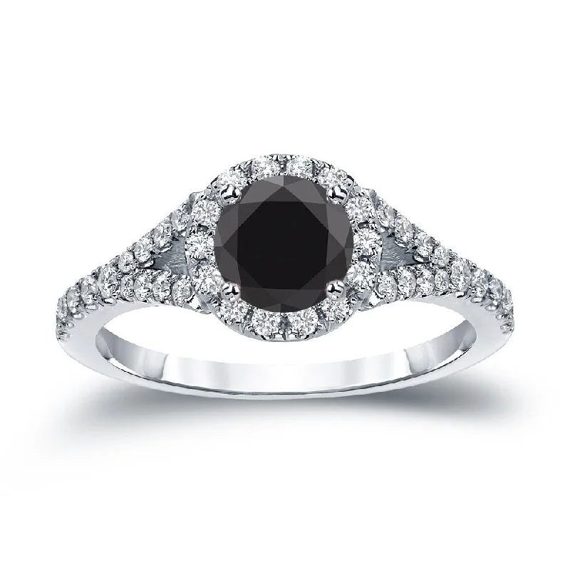 stylish wedding rings for couples -14k Gold Round 1 1/2ct TDW Black Diamond with Halo Engagement Ring by Auriya