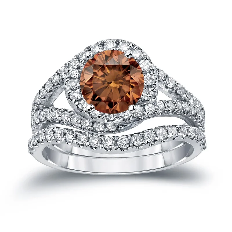 custom wedding bands for couples -14k Gold Round 1 7/8ct TDW Brown Diamond Halo Engagement Ring Set by Auriya