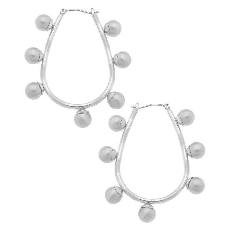 unique earrings with meaningful designs -Satin Silver Studded Metal Teardrop Hoop Earrings