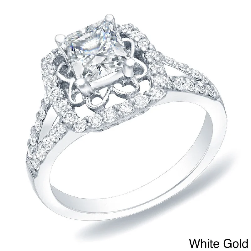 platinum engagement rings for men with diamonds -Auriya 14k Gold 1 carat TW Princess-Cut Halo Diamond Engagement Ring