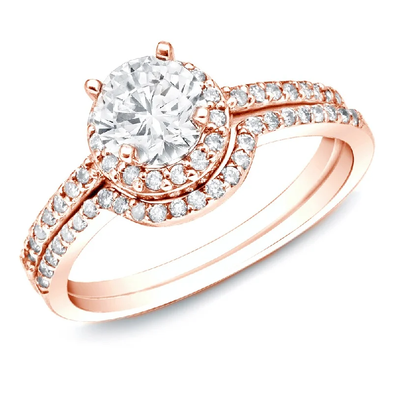 affordable wedding rings with rubies -Auriya 14k Rose Gold 1ctw Round Halo Diamond Engagement Ring Set