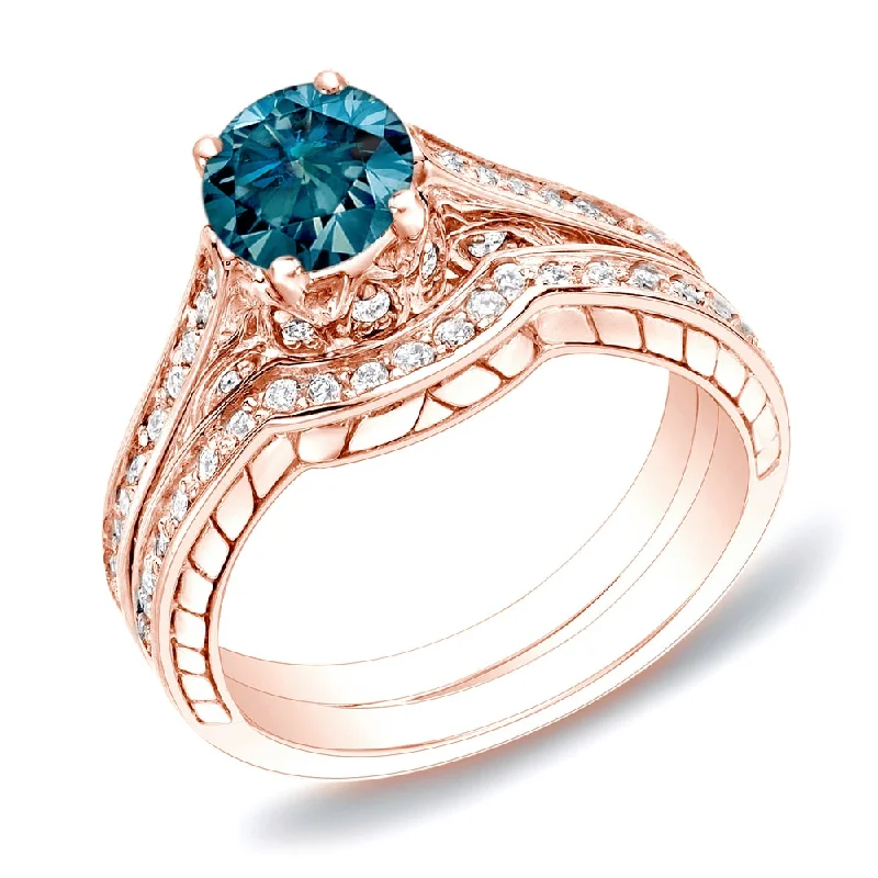 gemstone rings with diamonds for men -Auriya 14k Rose Gold 1ctw Unique Blue Diamond Engagement Ring Set