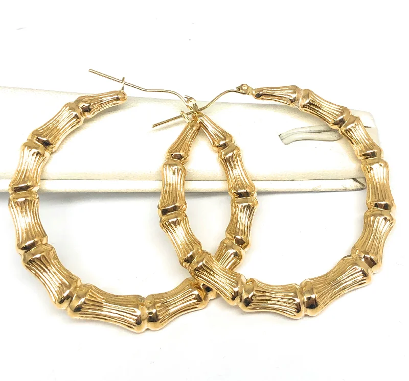 trendy earrings with sapphires for weddings -10k Solid Gold Yellow Bamboo Hoop Earrings 2 INCH Arracadas