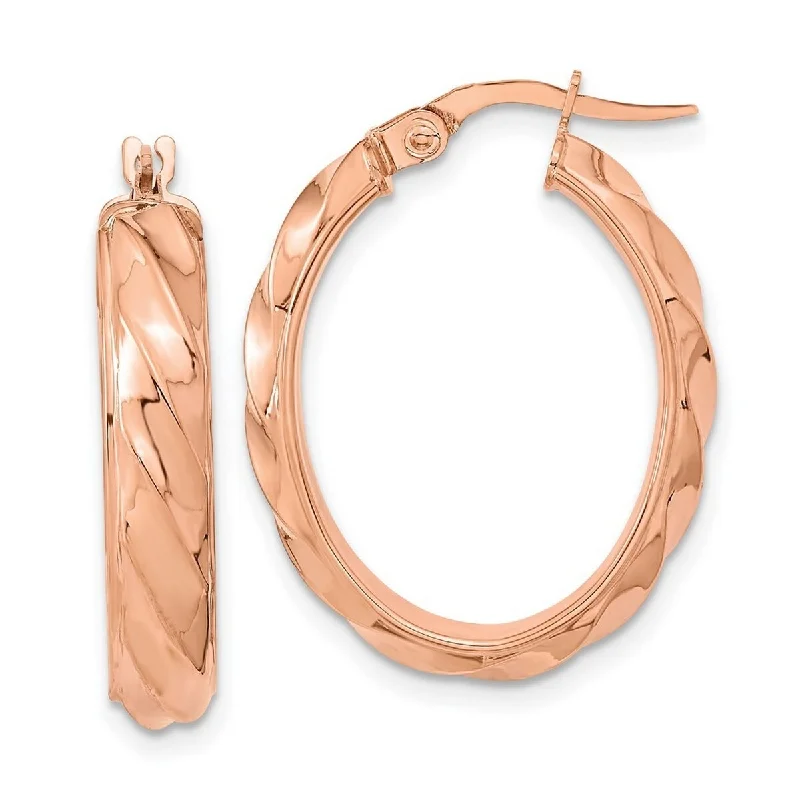 silver earrings for evening occasions -Curata 14k Gold Rose Polished and Striped 25.4x4.75mm Oval Hoop Earrings