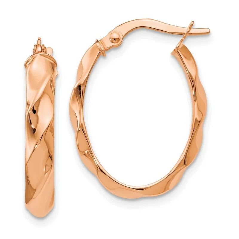 trendy earrings for bridal events -Curata 14k Rose Gold Polished and Twisted 3x22mm Oval Hoop Earrings