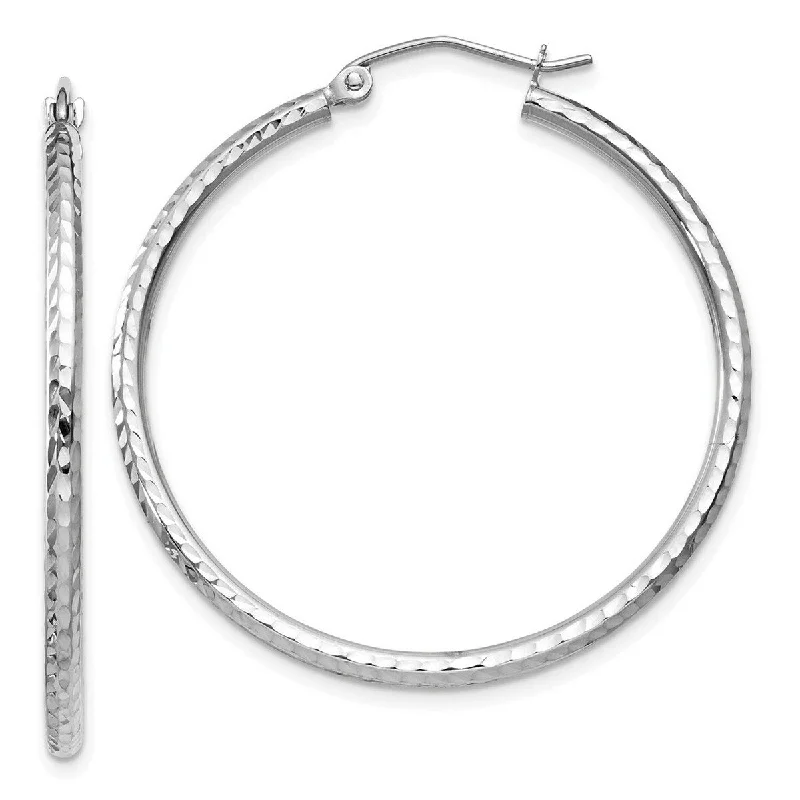 sterling silver earrings with gemstones -Curata 14k White Gold Diamond-Cut 2x35mm Round Classic Hoop Earrings