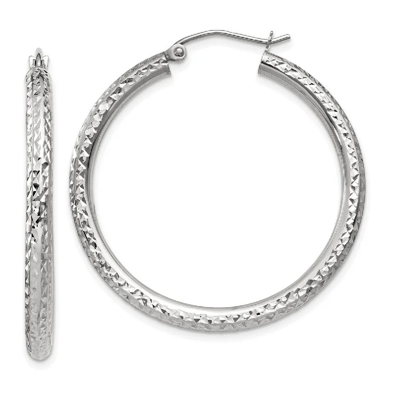 custom-designed earrings for weddings -Curata 14k White Gold Diamond Cut 34x3mm Round Tube Hoop Earrings