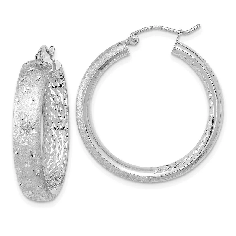 trendy hoop earrings for weddings -Curata 14k White Gold Satin and Diamond Cut In Out Hoop Earrings 32x5.75mm