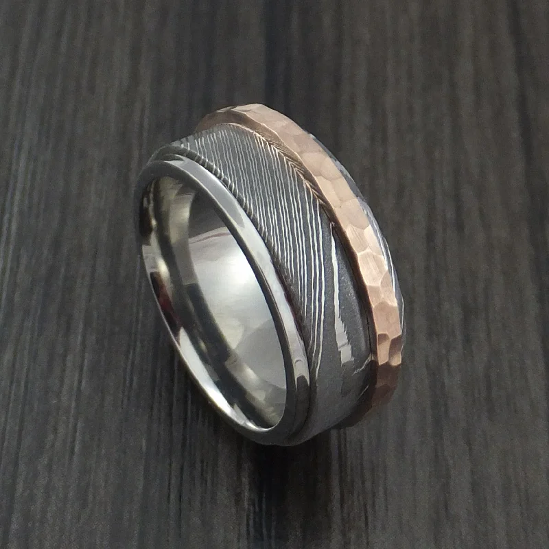 men's wedding bands with gemstones -Damascus Steel and Titanium Sleeve with Hammered Copper Inlay Custom Made