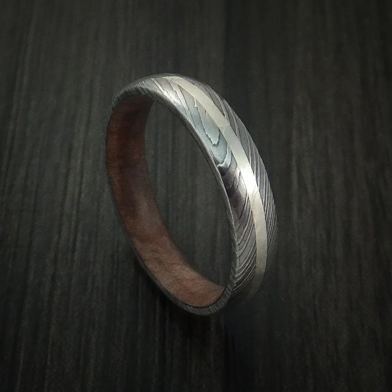 rose gold promise rings -Damascus Steel Ring with Silver Inlay and Hardwood Sleeve