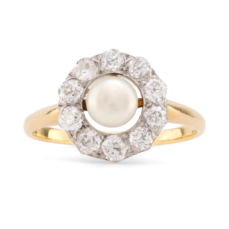 vintage gold rings for weddings -Edwardian Pearl Diamond 18K Yellow Gold Cluster Ring