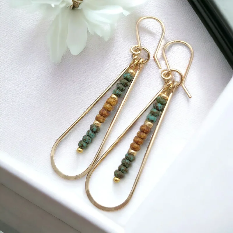 custom-designed drop earrings for weddings -14k Gold Filled Hoop Earrings with Green & Tan Beads