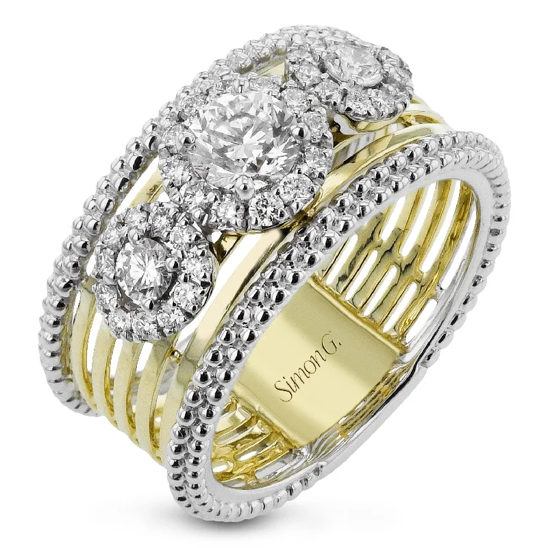 gemstone wedding rings for women -Three-Stone Halo Fashion Ring In 18k Gold With Diamonds