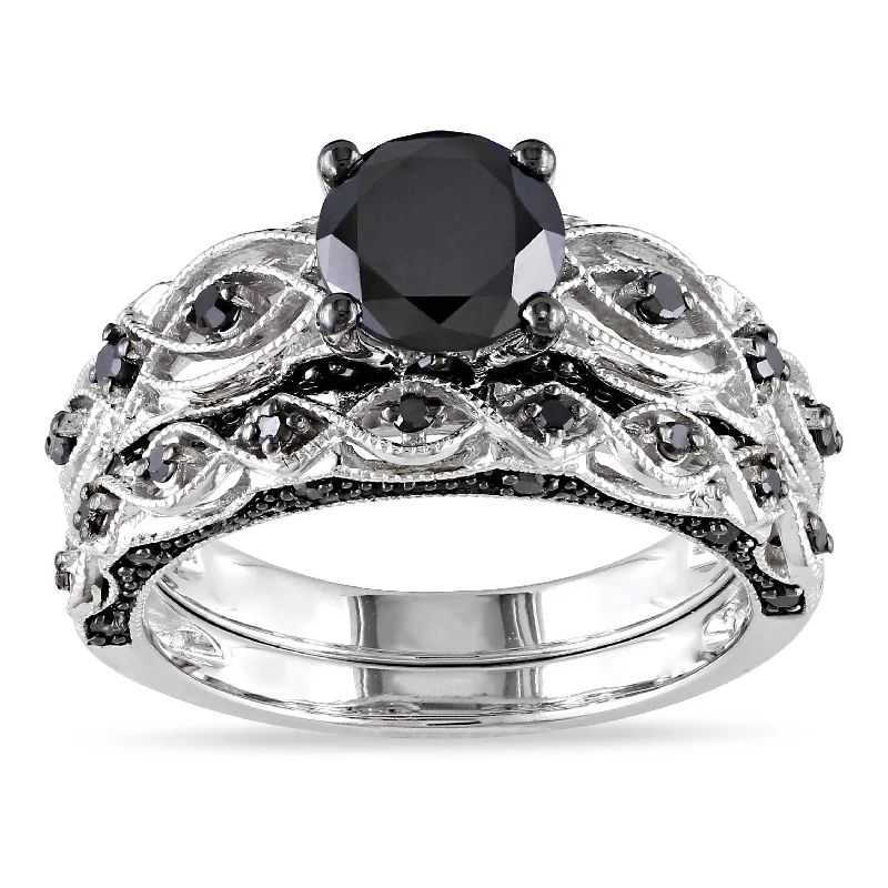 custom rings for engagement proposals -Miadora 10k White Gold Black Diamond Infinity Engagement Ring Set