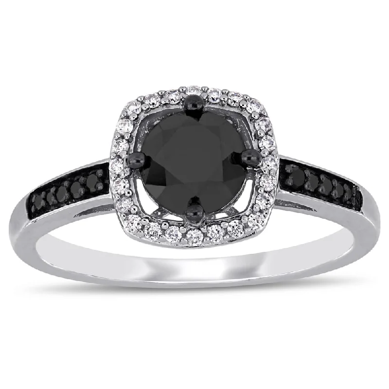 high-quality diamond rings -Miadora 14k White Gold 1 1/7ct TDW Black and White Diamond Halo Engagement Ring