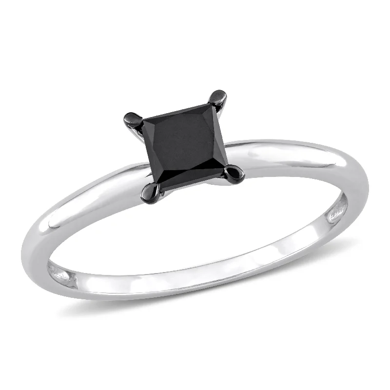 simple diamond engagement rings for men -Miadora 3/4ct TDW Princess-cut Black Diamond Solitaire Engagement Ring in 14k White Gold