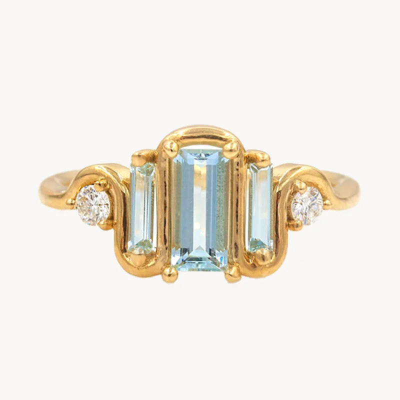 stylish silver rings -Nouveau Aquamarine Diamond Baguette Ring