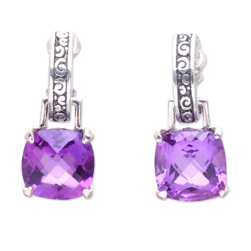 silver earrings for engagements -NOVICA Buddha's Curls, Amethyst dangle hoop earrings - 0.9*0.4