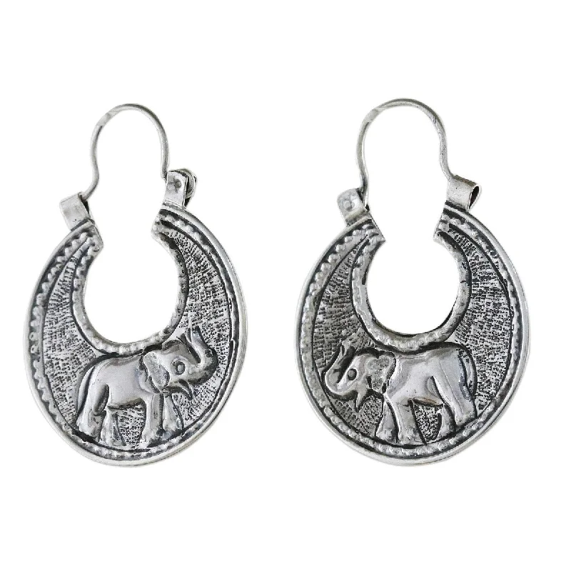 luxury earrings with rubies for weddings -NOVICA Elephant Magic, Sterling silver hoop earrings