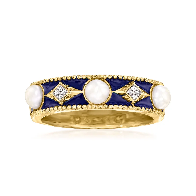 gold rings for engagement -Ross-Simons 3.5-4mm Cultured Button Pearl Ring With Blue Enamel and Diamond Accents in 18kt Gold Over Sterling