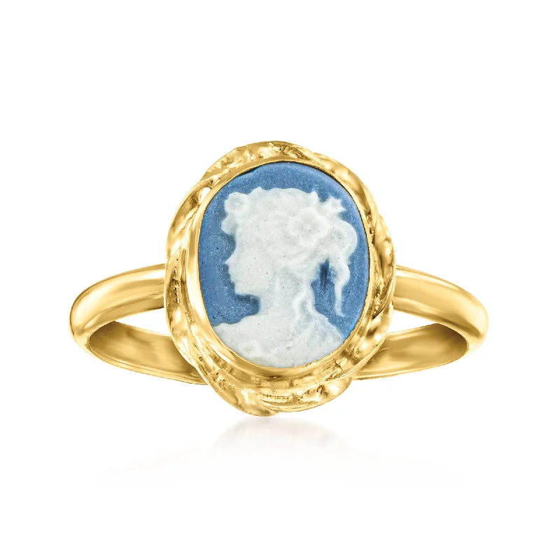 personalized gold rings -Ross-Simons Italian Blue Porcelain Cameo Ring in 18kt Gold Over Sterling