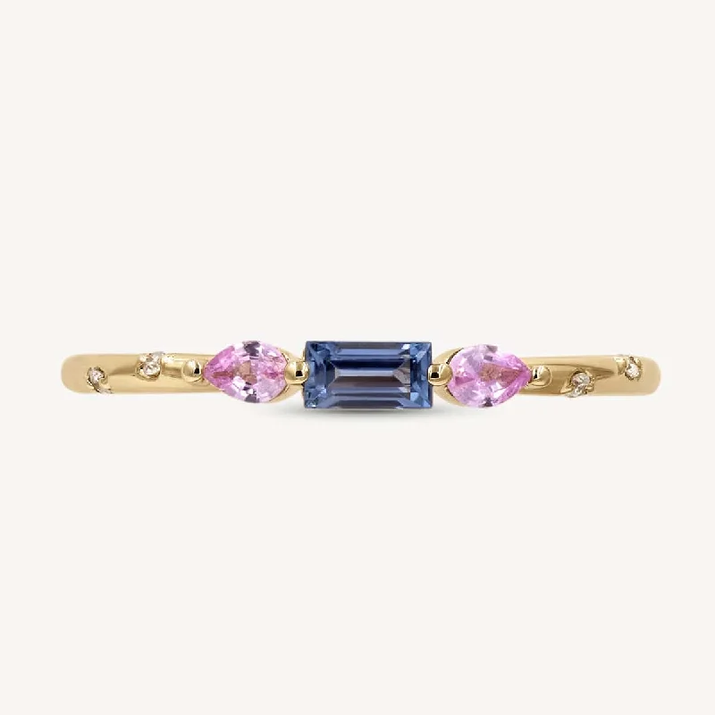 wedding rings for women with emeralds -Starry Blue and Pink Sapphire Deco Ring