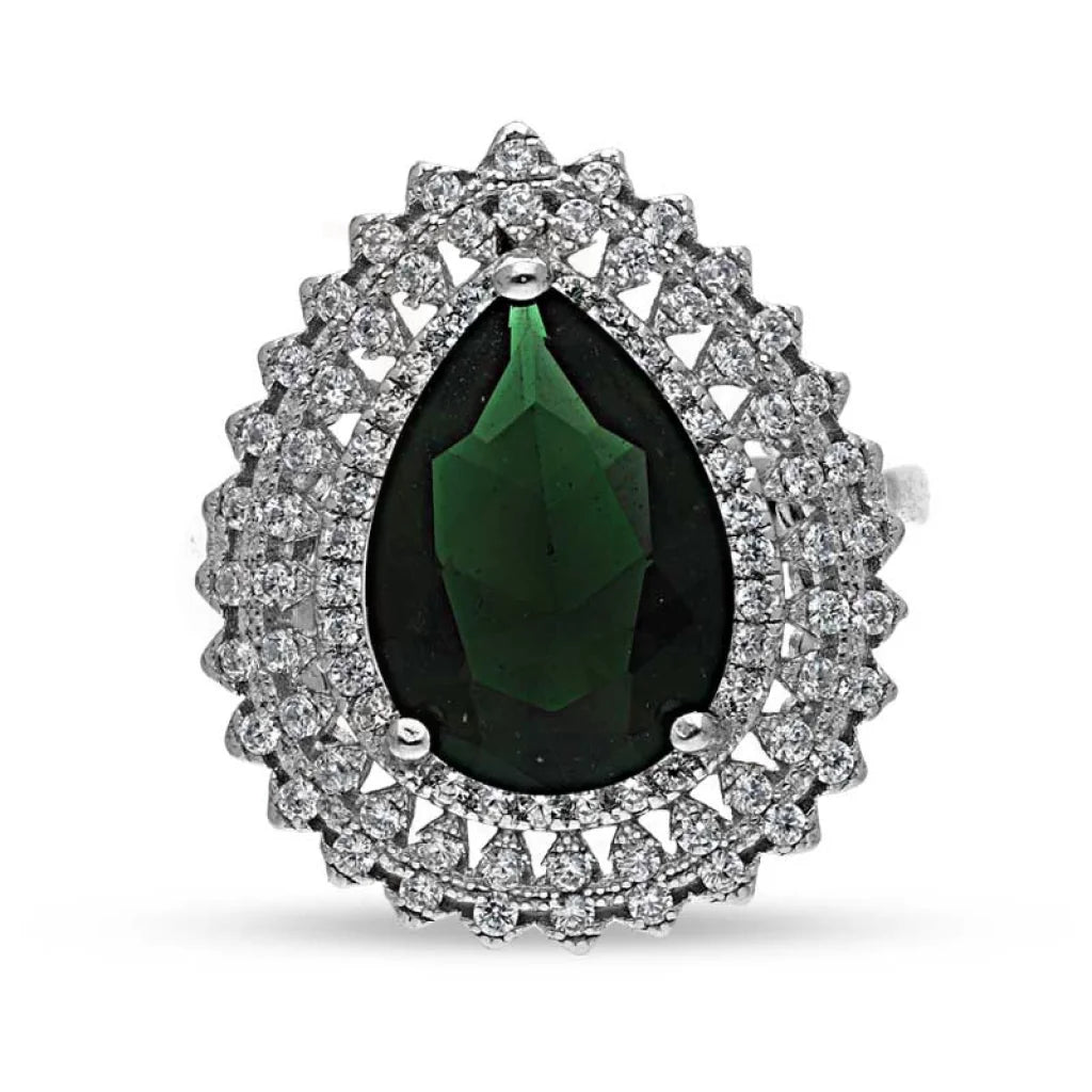 fashion rings for men -Sterling Silver 925 Green Pear Shaped Solitaire Ring - FKJRNSL3516