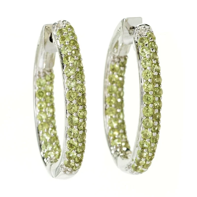 trendy silver earrings with gemstones -Sterling Silver Pave Peridot Inside-out Hoop Earrings