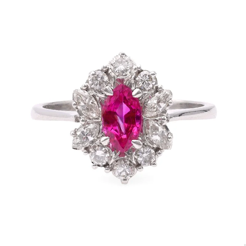 men's rings with emeralds for weddings -Vintage Ruby Diamond 18k White Gold Cluster Ring