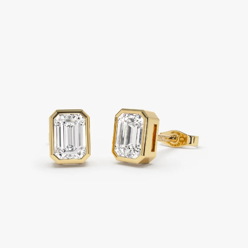 silver earrings with topaz stones for weddings -1.00 ctw 14k Bezel Setting Emerald Cut Lab Grown Diamond Studs - Eliana