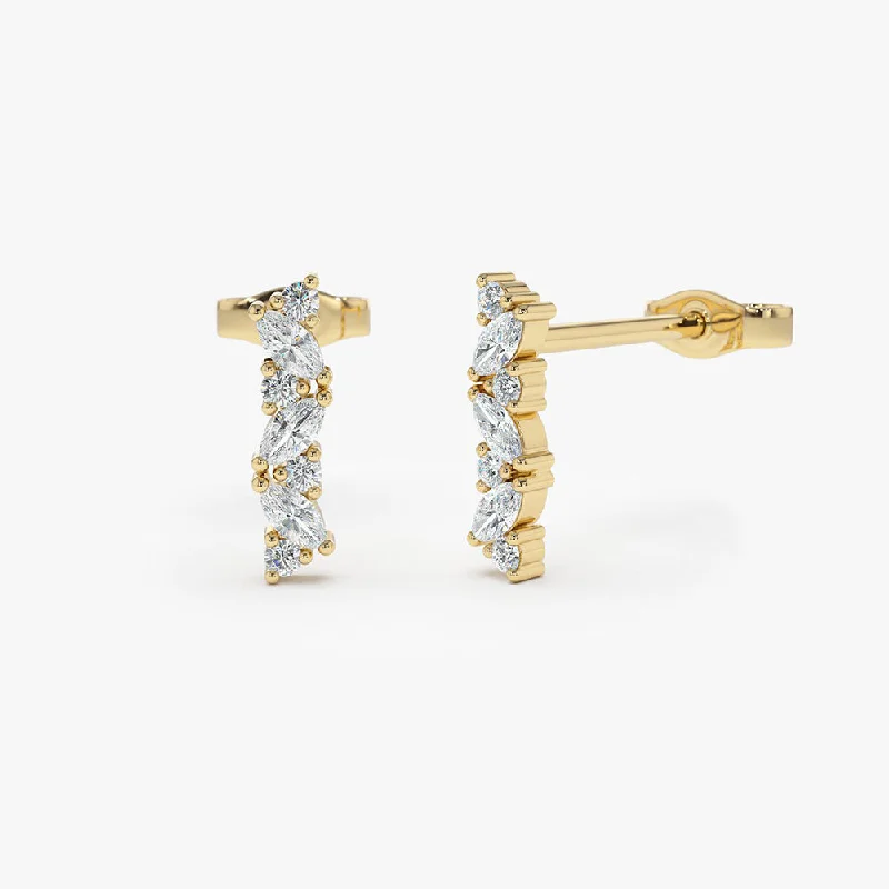 unique gold earrings for evening wear -14K Gold Alternating Marquise and Round Diamond Studs