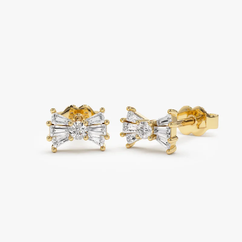 luxury diamond earrings for formal occasions -14k Baguette and Round Diamond Bow Stud Earrings