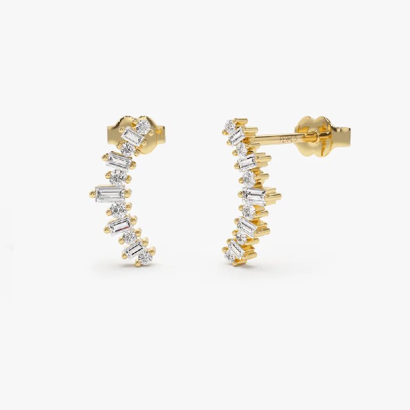 custom gold earrings for bridesmaids -14k Baguette and Round Diamond Ear Crawler Earrings