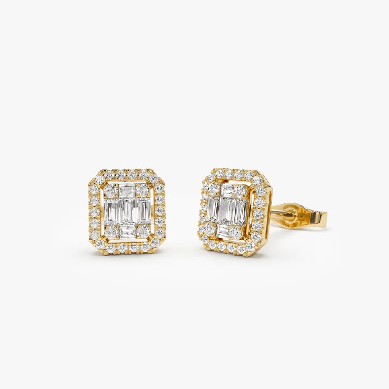 personalized earrings with initials for brides -14k Baguette and Round Diamond Studs Halo Setting