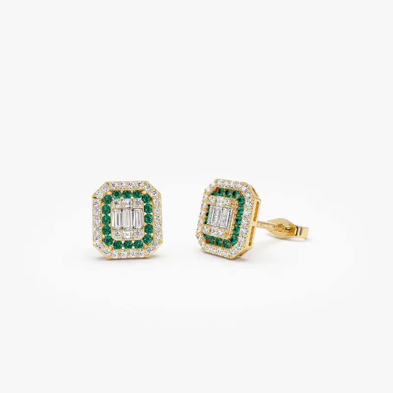 personalized earrings with birthstones -14k Baguette and Round Emerald Studs Halo Setting