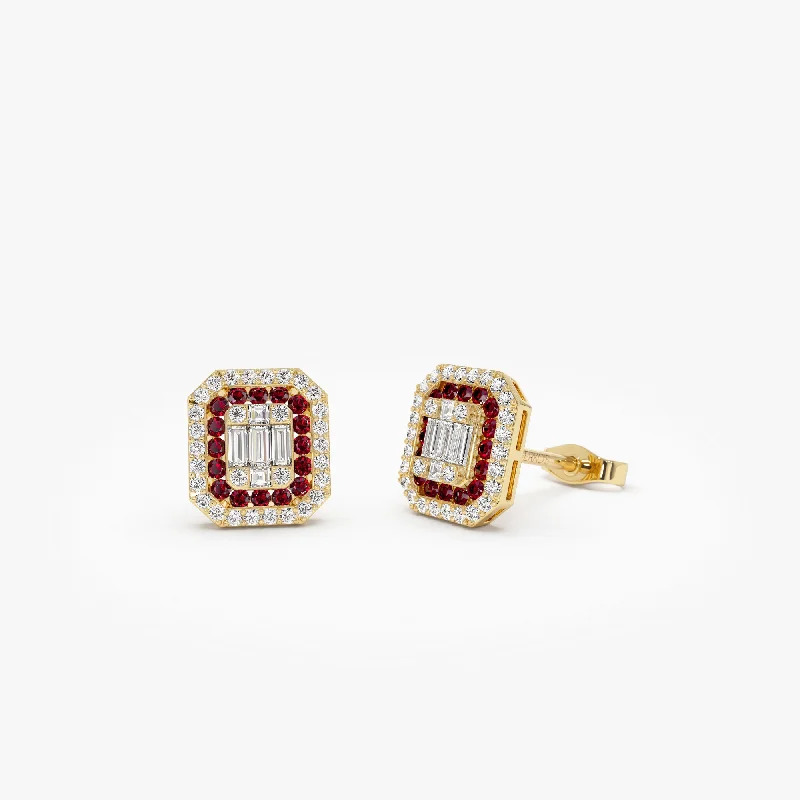 luxury silver earrings with sapphires -14k Baguette and Round Ruby Studs Halo Setting