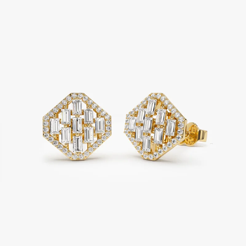 gold earrings with diamonds for gifts -14k Baguette Diamond Earrings in Halo Setting