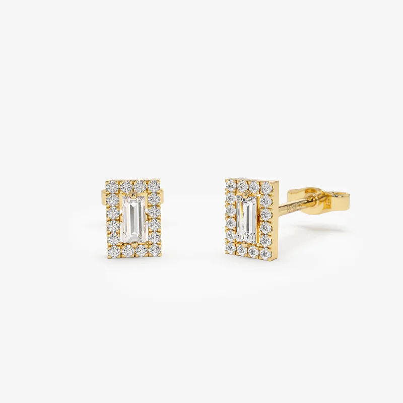 handmade earrings with gemstones for weddings -14k Baguette Diamond Halo Setting Diamond Studs