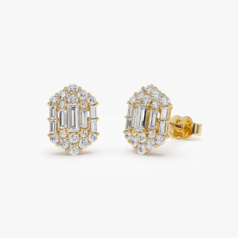 silver earrings with topaz for gifts -14k Baguette & Round Diamond Hexagon Studs