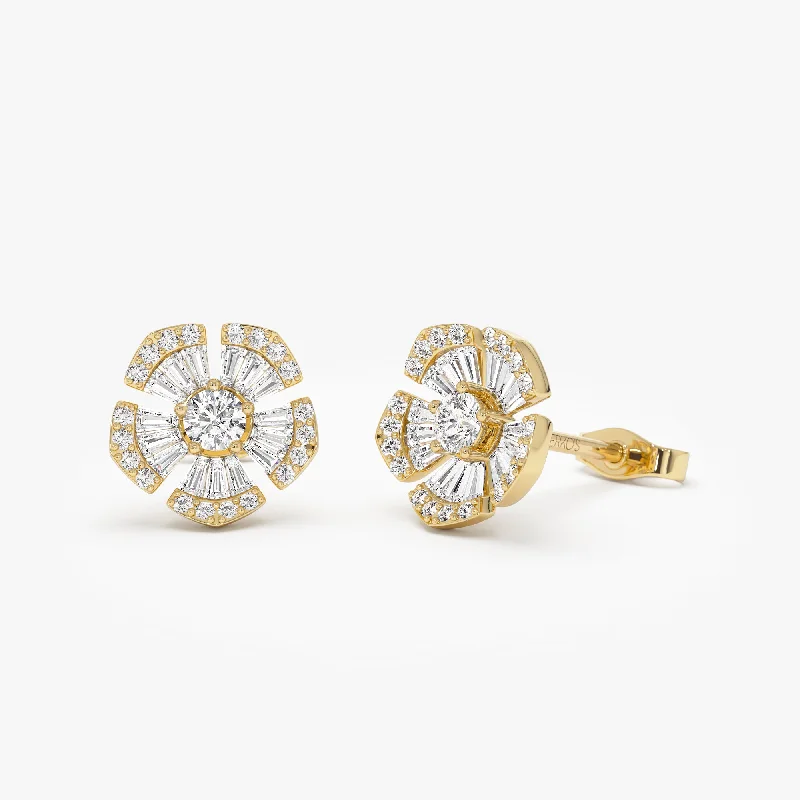 unique gemstone earrings for evening wear -14k Baguette & Round Diamond Unique Flower Earrings