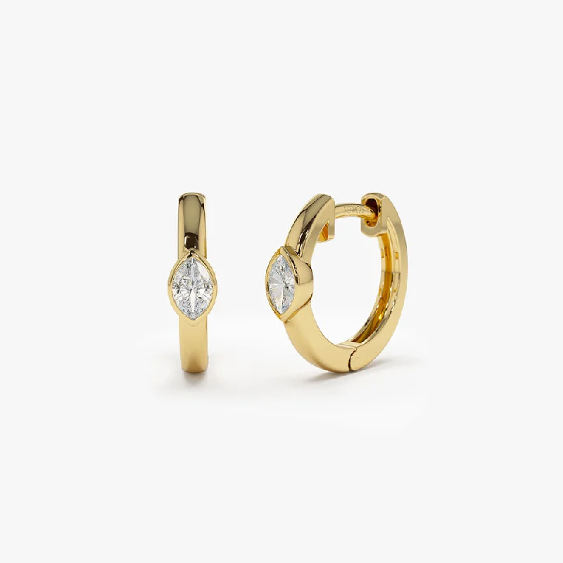 fashion earrings with birthstones -14K Bezel Setting Marquise Diamond Mini Hoops