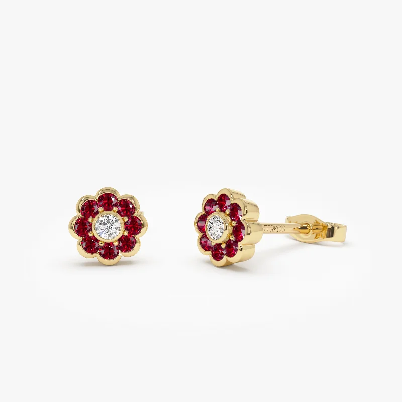 gold earrings with diamonds for special events -14K Bezel Setting Ruby Flower Diamond Studs