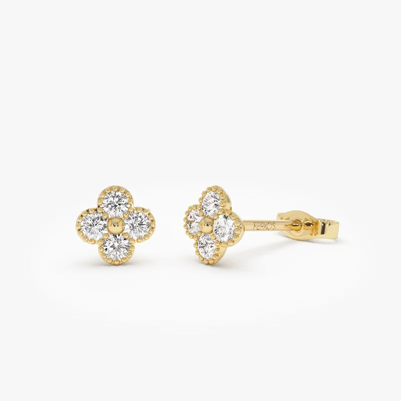 elegant hoop earrings for special occasions -14k Diamond Clover Beaded Studs