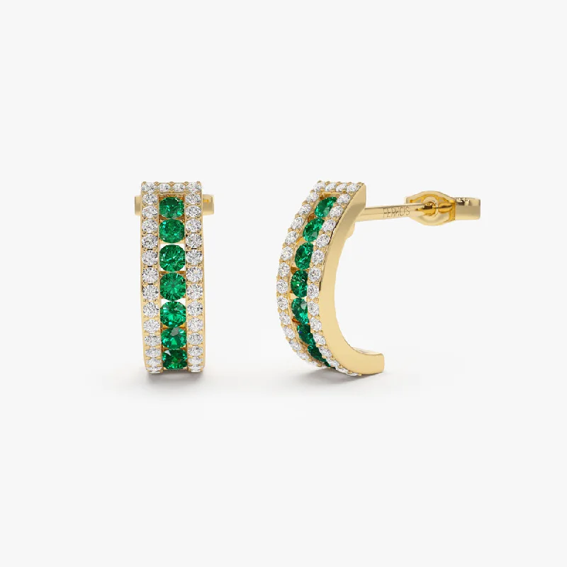 trendy pearl drop earrings for brides -14k Emerald and Round Diamond Hoop Earrings