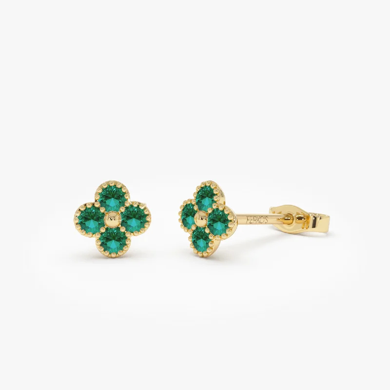 gold earrings with onyx stones -14k Emerald Clover Beaded Studs