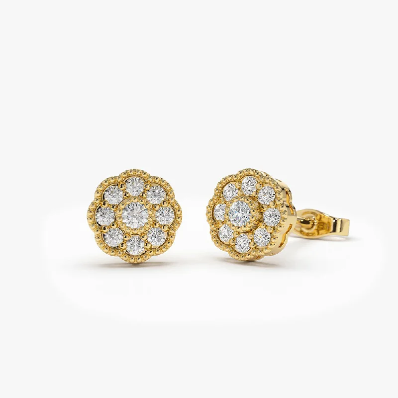 luxury earrings for anniversary gifts -14k Floral Design Diamond Studs