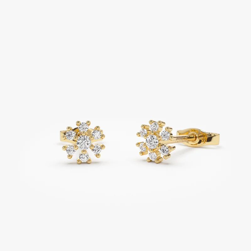 gold earrings with ruby stones for weddings -14K Petite Flower Design Diamond Stud Earrings